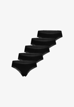 Sæt med fem sorte dameunderbukser med blonder ved talje og benåbninger, vist i et lagdelt arrangement.