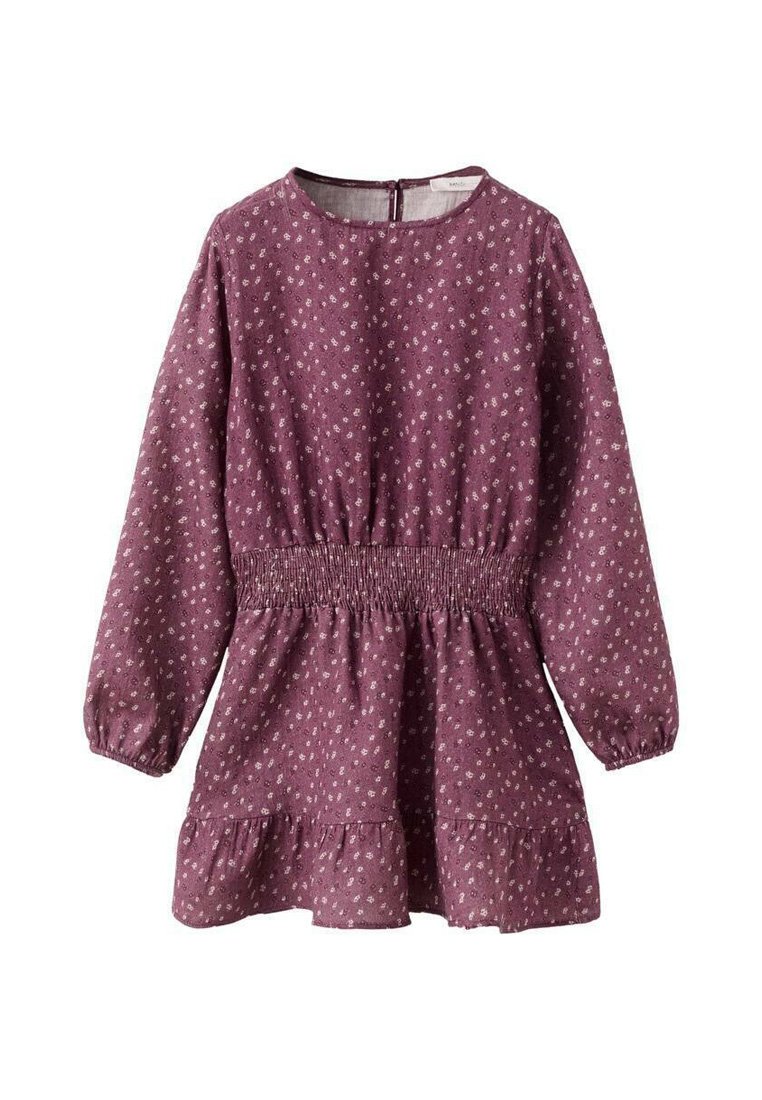 Fialové květinové šaty s dlouhými rukávy, vyšitým pasem a rozšířeným lemem. Vyrobené z lehkého materiálu s jemným texturovaným vzhledem.