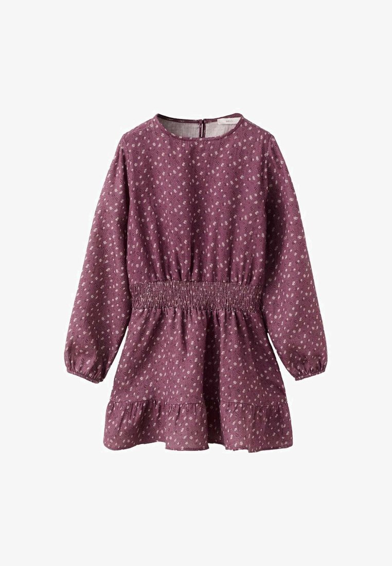 Fialové květinové šaty s dlouhými rukávy, vyšitým pasem a rozšířeným lemem. Vyrobené z lehkého materiálu s jemným texturovaným vzhledem.