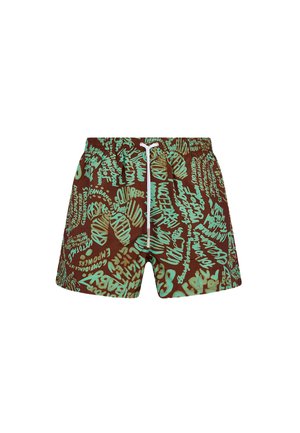Pantaloncini da bagno marroni con scritte in stile graffiti turchese ovunque e coulisse bianca in vita elastica.