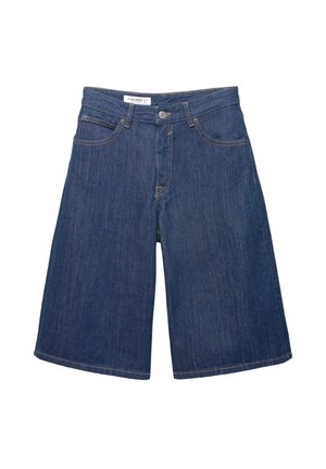 Denim shorts met een losse pasvorm, donkerblauwe kleur, voorzakken en gestikte randen, met een enkele metalen knop bij de taille.