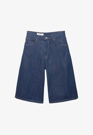 Shorts di jeans con vestibilità ampia, colore blu scuro, tasche frontali e orli cuciti, caratterizzati da un singolo bottone in metallo in vita.