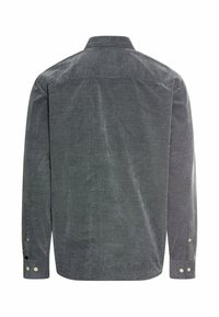 Graues Langarmshirt aus einem strukturierten Stoff mit einem subtilen Muster, ausgestattet mit einem Kragen und Knopfmanschetten. Die Rückansicht zeigt eine glatte Verarbeitung.