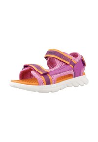 Sandalia de color rosa y naranja, resistente al agua, con correas de velcro, detalles de malla y suela de goma blanca. Diseño ligero con acentos troquelados.