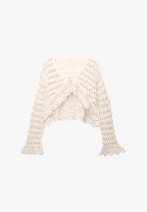 Cardigan all'uncinetto di colore avorio. Presenta un design corto, maniche svasate e una chiusura a cravatta sul davanti con un motivo di lavorazione a maglia aperto.