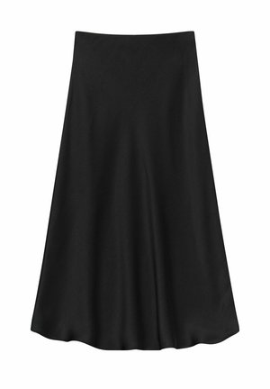 Svart midi kjol med en mjuk textur och utsvängd design. En midje med medelhög höjd och flödande siluett kompletterar den minimalistiska stilen.
