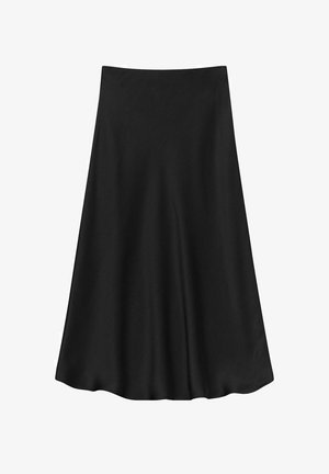 Svart midi kjol med en mjuk textur och utsvängd design. En midje med medelhög höjd och flödande siluett kompletterar den minimalistiska stilen.