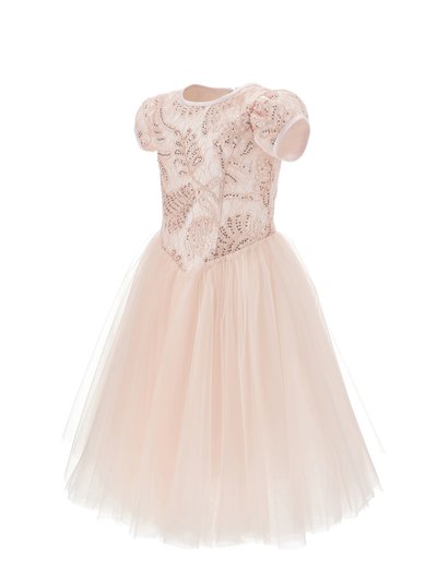 Φόρεμα σε απαλό ροζ χρώμα μήκους μέχρι το γόνατο με φουσκωτά μανίκια, κορσέ από δαντέλα διακοσμημένο με παγιέτες και φούστα από τούλι.