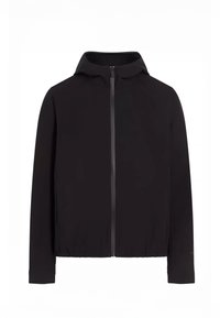 Giacca leggera nera con cappuccio, zip frontale completa, maniche lunghe, orlo elasticizzato e texture liscia. Nessun motivo visibile o dettagli hardware.