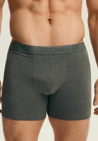 Szare bokserki wykonane z miękkiego materiału, dobrze dopasowane, z teksturowanym pasem wykładanym z wytłoczonym logo oraz modelującą miseczką.