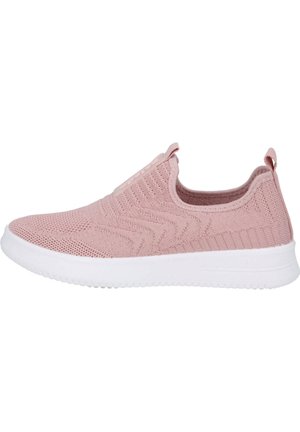 Helle rosa Slip-On-Sneaker mit einem gestrickten Obermaterial, strukturiertem Zickzack-Muster und weißer Sohle mit rutschfester Trittfläche. Zuglasche an der Ferse.