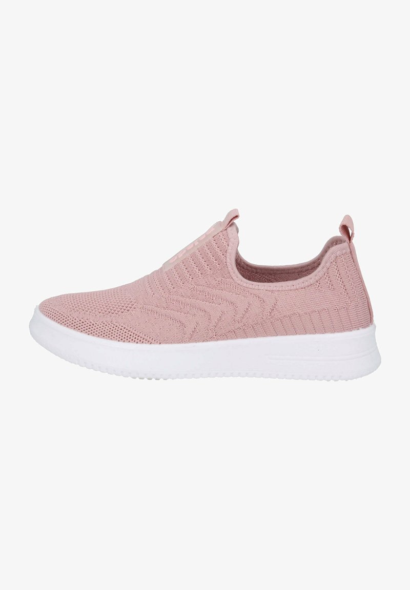 Helle rosa Slip-On-Sneaker mit einem gestrickten Obermaterial, strukturiertem Zickzack-Muster und weißer Sohle mit rutschfester Trittfläche. Zuglasche an der Ferse.