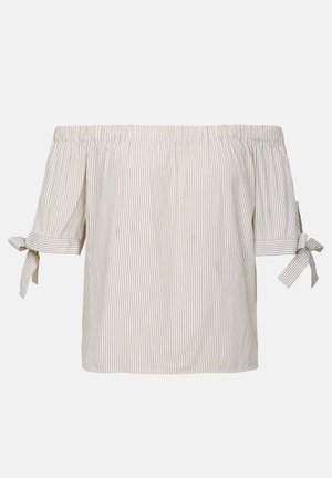 Schulterfreies Oberteil in Weiß mit dünnen beigen Streifen. Merkmale kurze Ärmel mit Bindebändern und eine lockere Passform. Leichtes Baumwollmaterial.