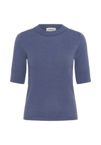 Short-sleeve ribbed knit top in deep blue. Features a high neckline and fitted shape, with a soft texture and subtle pattern.