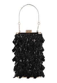 Sac à main noir orné de perles avec un design texturé, des accents géométriques, une poignée métallique et un fermoir en strass sur le dessus.