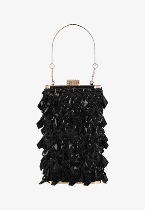 Černá kabelka s korálky, zdobená texturovaným vzorem, geometrickými akcenty, kovovou rukojetí a zapínáním na vrchu s kamínky.