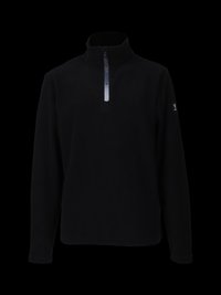 Pullover in fleece nero a maniche lunghe con colletto alto e zip a quarti, caratterizzato da una striscia riflettente e un logo sul petto.