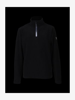 Čierny fleecový pulóver s dlhým rukávom, vysokým golierom a zipsom do štvrť dlžky, vybavený reflexnou páskou a logom na hrudi.