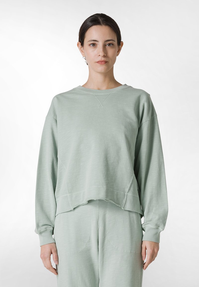 Sudadera corta verde claro hecha de material suave. Presenta un escote redondo, mangas largas y un diseño de corte relajado.