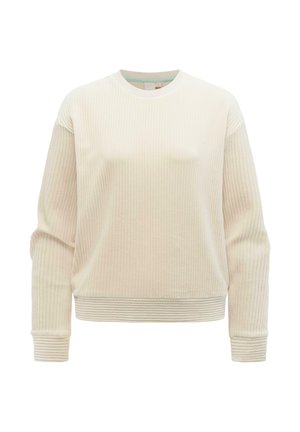 Crèmekleurige geribbelde trui met lange mouwen, een ronde hals en aansluitende geribbelde boorden en zoom.