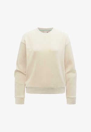 Kremowy, prążkowany sweter z długim rękawem, z okrągłym dekoltem oraz dopasowanymi prążkowanymi mankietami i obszyciem.