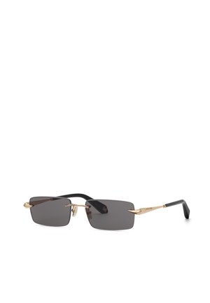 Rechteckige randlose Sonnenbrille mit dunklen Gläsern, goldfarbenem Metallsteg und Bügeln sowie schwarzen Ohrstücken.