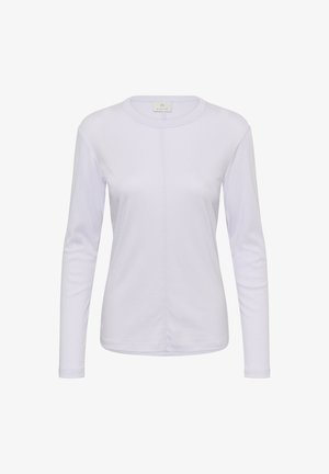 Langarm-weißes Hemd mit Rundhalsausschnitt, aus weichem Material, mit einer Mittelnaht und figurbetonter Silhouette.