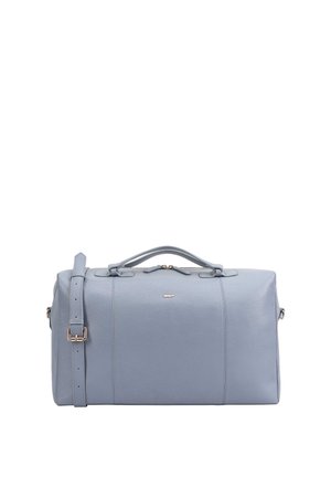 Light blue leather duffel bag with dual top handles and a detachable shoulder strap. Features a zip closure and subtle brand logo.