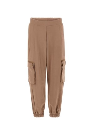 Bruine cargobroek met een elastische tailleband, enkelboorden en twee voorzakken met rits. Soepele stof met een losse pasvorm en taps toelopende broekspijpen.