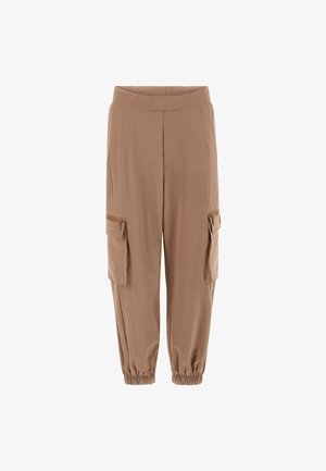 Bruine cargobroek met een elastische tailleband, enkelboorden en twee voorzakken met rits. Soepele stof met een losse pasvorm en taps toelopende broekspijpen.