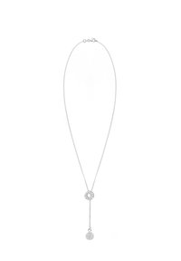 Halskette aus Sterlingsilber mit einem runden Anhänger und einem klaren Stein sowie einem hängenden Kugelanhänger, beide mit filigranen Verzierungen.