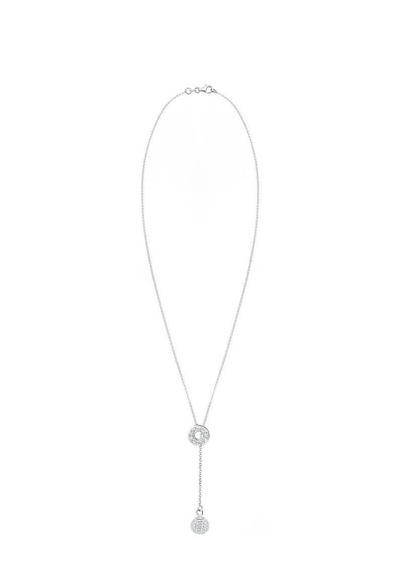 Halskette aus Sterlingsilber mit einem runden Anhänger und einem klaren Stein sowie einem hängenden Kugelanhänger, beide mit filigranen Verzierungen.