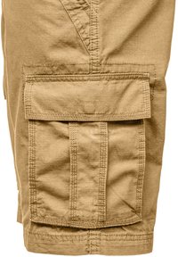 Khaki cargo shorts made from lightweight fabric, featuring multiple front pockets with flaps, pleat design, and a straight hem.