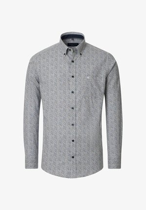 Langärmliges Hemd mit Knöpfen in einem blau-weißen geometrischen Muster, mit einem Kentkragen und blauen Knöpfen, aus gewebtem Stoff gefertigt.