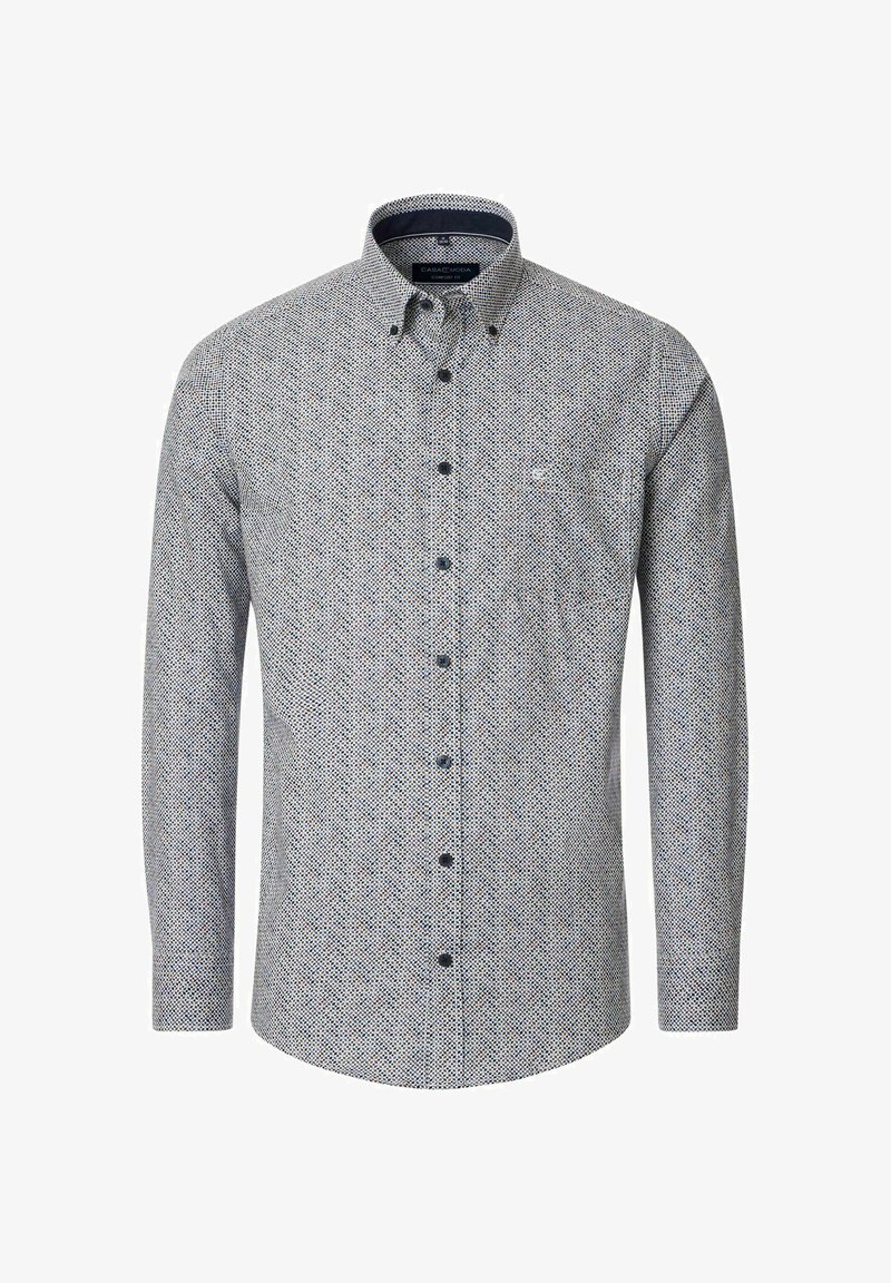 Langärmliges Hemd mit Knöpfen in einem blau-weißen geometrischen Muster, mit einem Kentkragen und blauen Knöpfen, aus gewebtem Stoff gefertigt.