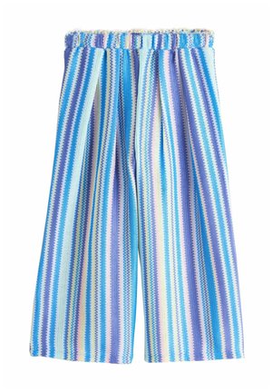 Kalhoty s širokými nohavicemi s vertikálními pruhy v modré, fialové, světle zelené a bílé barvě, s pružným pasem.