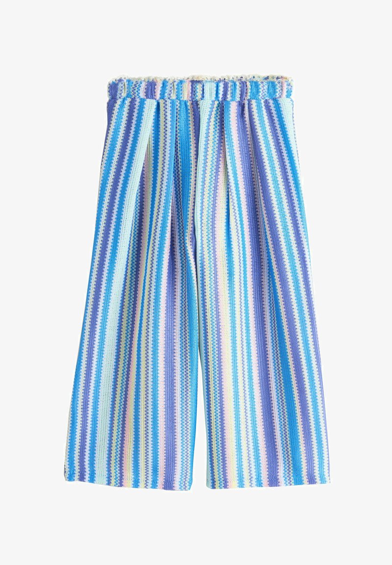 Pantalon à jambes larges avec rayures verticales en bleu, violet, vert clair et blanc, avec une taille élastique.