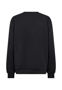 Black sweatshirt with long sleeves, ribbed cuffs, and a crew neckline. Sleeves feature textured accents and small embellishments.