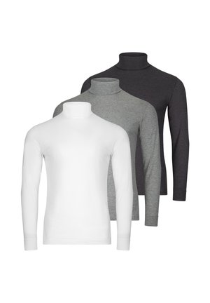 Trzy gładkie, długie koszulki z golfem w kolorach białym, jasnoszarym i ciemnoszarym, ułożone na sobie od przodu do tyłu na białym tle.