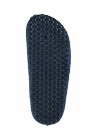 Navy blue shoe insole with a textured hexagonal pattern on the base, featuring a rounded toe and a suede-like upper surface.