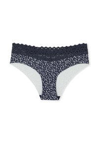 Mutande blu navy con bordi in pizzo, caratterizzate da un motivo a cuori sul davanti e un retro liscio e semi-trasparente.