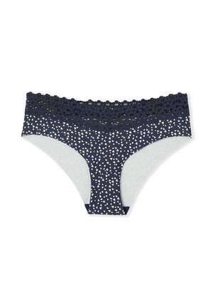 Bajo de navy azul con encaje, adornado con un patrón de corazones en la parte delantera y una parte trasera suave y semitransparente.