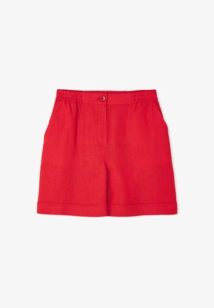 Pantalones cortos de lino rojos con cinturilla elástica, cierre de botón frontal y bolsillos laterales. Tienen un corte ajustado con dobladillo vuelto.