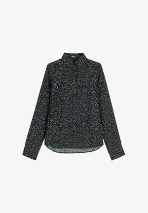 Czarna koszula na długi rękaw zapinana na guziki, z białym wzorem z rozproszonych kropek i klasycznym kołnierzem, pokazana na płasko na białym tle.