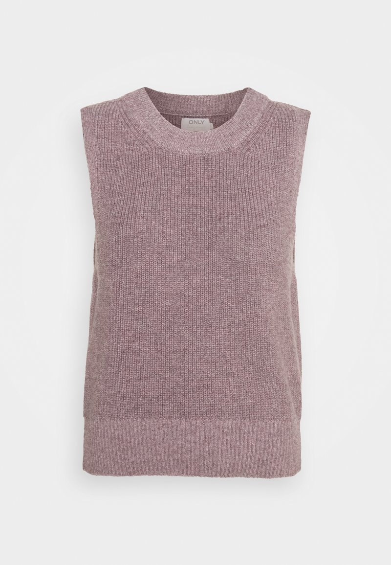 Pull sans manches en maille de couleur mauve clair. Présente une texture côtelée et un col rond, avec une coupe décontractée. Design simple sans ornements.