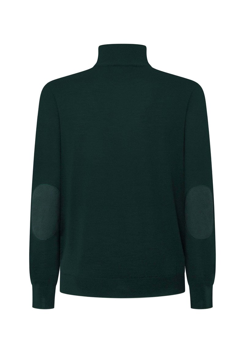Dunkelgrüner Pullover mit hohem Kragen, enganliegenden Bündchen und Ellbogenpatches. Weiche Textur, lockere Passform und minimalistisches Design, ohne Muster oder Verzierungen.