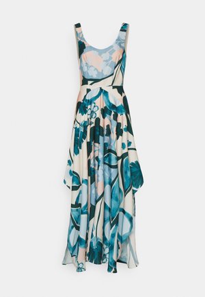 Mouwloze, vloeiende maxi-jurk met een ronde halslijn en abstracte bloemenprint in blauwe, groene en perzikkleurige tinten op een crèmekleurige achtergrond.