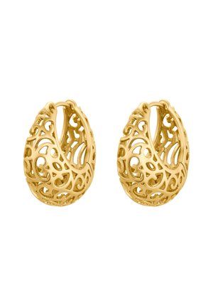 Paire de boucles d’oreilles créoles en or avec des motifs ajourés complexes en forme de tourbillons et floraux, forme arrondie et fermoirs charnières.