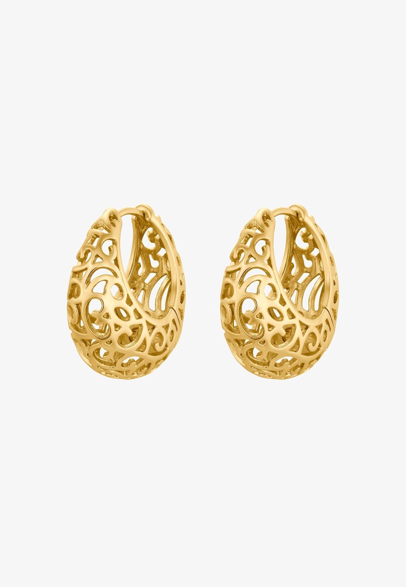 Paire de boucles d’oreilles créoles en or avec des motifs ajourés complexes en forme de tourbillons et floraux, forme arrondie et fermoirs charnières.