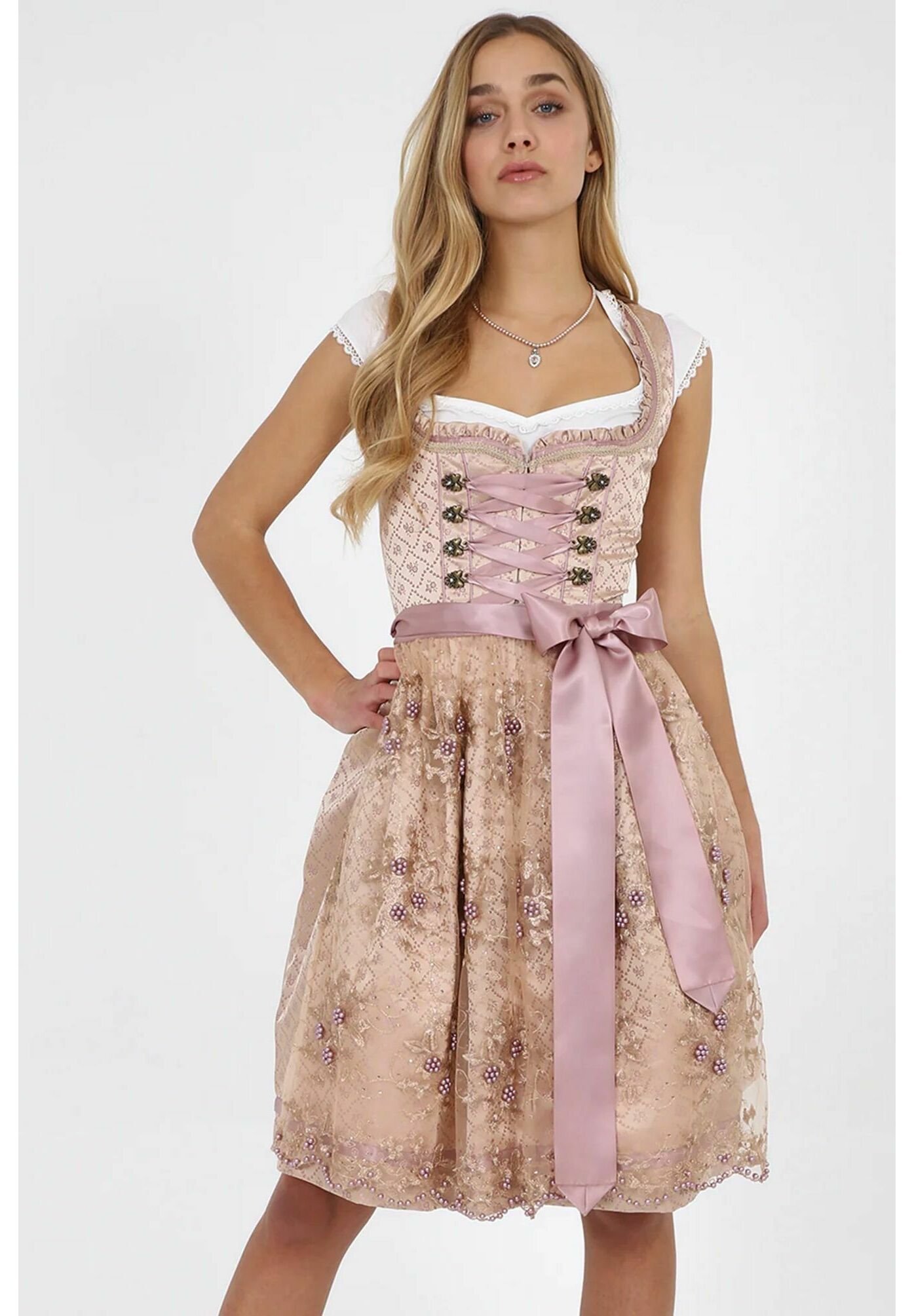 Marjo Dirndl Solea Taupe - Beiges Damen Dirndl Mit Leo-Schürze 65cm